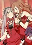  :d armlet bang_dream! black_hairband blue_flower blue_rose blush bracelet brooch brown_eyes brown_hair dress earrings flat_color flower grey_eyes hair_flower hair_ornament hairband hand_on_another's_waist holding_hands imai_lisa jewelry lace lace-trimmed_hairband lace_hairband long_hair looking_at_another minato_yukina multiple_girls murata_(igaratara) necklace one_side_up open_mouth red_dress red_flower red_rose rose silver_hair smile strapless strapless_dress veil yuri 