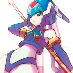 bangs bare_shoulders blue_eyes blue_panties blunt_bangs commentary_request contrapposto elbow_gloves gloves green_eyes hand_up helmet highleg highleg_panties holding holding_weapon leviathan_(rockman) panties parted_lips reiesu_(reis) rockman rockman_zero signature simple_background solo standing underwear weapon white_background wide_hips 