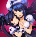  arin beret black_hair blue_eyes blue_hair breasts commentary_request hat kooh large_breasts long_hair multiple_girls nameganai one_eye_closed pangya red_eyes ribbon short_sleeves twintails 