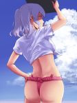  alternate_costume arm_up ass blue_eyes blue_sky cloud cloudy_sky commentary_request contrapposto day from_behind fundoshi hand_on_hip hand_up ishii_hisao japanese_clothes kantai_collection kashima_(kantai_collection) mouth_hold outdoors shirt short_hair short_sleeves sky solo standing tied_shirt twintails whistle white_hair white_shirt yamakasa 