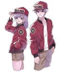  1boy 1girl :d arm_up baseball_cap blue_eyes bulma character_name commentary_request dragon_ball dragonball_z eyebrows_visible_through_hair fingernails frown hand_in_pocket happy hat height_difference highres image_sample jacket long_sleeves looking_at_viewer mother_and_son open_mouth purple_hair red_jacket shirt short_hair shorts simple_background smile standing trunks_(dragon_ball) twitter_sample upper_body white_background white_shirt 