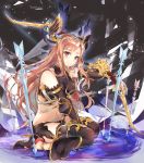  arrow bow bow_(weapon) brown_hair commentary elbow_gloves gloves granblue_fantasy hair_ornament head_wings hinahino kneeling long_hair solo song_(granblue_fantasy) thighhighs weapon 