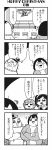  4koma :3 bangs bkub blunt_bangs calimero_(bkub) chakapi closed_eyes comic crossed_arms emphasis_lines exhausted eyebrows_visible_through_hair fang greyscale halftone highres honey_come_chatka!! hood hoodie jacket komikado_sachi long_hair monochrome motion_lines multiple_girls open_mouth scrunchie shaded_face shirt short_hair shouting side_ponytail sidelocks simple_background smile sparkle sparkling_eyes speaker speech_bubble stage sweatdrop sweater swept_bangs talking tayo topknot translated two-tone_background two_side_up 