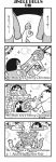  2girls 4koma :3 bangs beard bell bkub blank_eyes blunt_bangs calimero_(bkub) chakapi christmas_tree clenched_hand closed_eyes coat comic doctor english facial_hair fire fireplace greyscale halftone head_mirror highres honey_come_chatka!! log looking_back lyrics merry_christmas monochrome monocle motion_lines multiple_girls pulling scrunchie shirt short_hair simple_background smile socks sparkle speech_bubble star stretch sweatdrop talking throwing topknot translated two-tone_background wreath 
