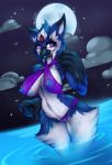  2017 anthro areola artist-apprentice587 avian azura_(artist-apprentice587) beak big_breasts bikini bird blue_jay blush breasts canine clothed clothing corvid female fox hybrid looking_at_viewer mammal nipples partially_submerged swimsuit translucent water wet 