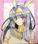  animal_ears armlet bangs blush closed_mouth commentary earrings egyptian eyebrows_visible_through_hair facial_mark fate/grand_order fate_(series) hair_between_eyes hair_tubes hairband highres hoop_earrings jackal_ears jewelry long_hair looking_at_viewer nitocris_(fate/grand_order) photo purple_eyes purple_hair shikishi smile solo tanaji traditional_media upper_body 