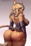  animal_ears arched_back artist_name ass ass_support ass_tattoo back_tattoo bad_id bad_tumblr_id bare_shoulders black_legwear blonde_hair bottomless breasts cat_ears cat_tail cutesexyrobutts dark_skin detached_sleeves elbow_gloves facial_mark final_fantasy final_fantasy_xiv gloves gradient gradient_background green_eyes highres huge_ass large_breasts light_smile long_hair looking_at_viewer looking_back miqo'te no_panties parted_lips purple_background signature smile solo tail tattoo thick_thighs thighs toned tramp_stamp 