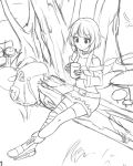  avant_garde_(artist) bag bandaged_leg bandages bangs belt boots breasts collarbone commentary cross-laced_footwear crossed_ankles cup dress eyebrows_visible_through_hair forest greyscale holding kono_subarashii_sekai_ni_shukufuku_wo! lace-up_boots log megumin mismatched_legwear monochrome mug mushroom nature open_mouth short_hair_with_long_locks sitting sketch small_breasts solo tree 