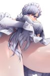  absurdres azur_lane bangs belfast_(azur_lane) blush breasts commentary elbow_gloves from_below gloves highres large_breasts looking_down maid maid_headdress panties purple_eyes pussy_peek sheer_panties silver_hair solo spread_pussy_under_clothes swept_bangs thighs underwear upskirt white_background white_gloves yin-ting_tian 