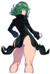  ass black_dress commentary_request curly_hair curvy dress flipped_hair green_eyes green_hair high_collar kneepits looking_back one-punch_man short_hair side_slit solo space_jin tatsumaki thick_thighs thighs wide_hips 