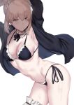  3: absurdres arched_back armpits arms_up artoria_pendragon_(all) artoria_pendragon_(swimsuit_rider_alter) bikini black_bikini blonde_hair breasts choker cleavage contrapposto cowboy_shot fate/grand_order fate_(series) from_side hews_hack highres jacket leg_garter maid_headdress medium_breasts open_clothes open_jacket paid_reward patreon_reward short_hair side-tie_bikini simple_background solo standing sweat swimsuit white_background yellow_eyes 