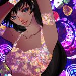  armpits arms_up black_eyes black_hair commentary english_commentary hase_(nafela) long_hair looking_at_viewer multicolored multicolored_background original smile solo tank_top upper_body 