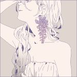  arm_up bare_shoulders commentary_request earrings expressionless flower greyscale jewelry kai_(dweep) long_hair looking_away lowres monochrome original piercing purple_background purple_eyes simple_background sleeveless solo wisteria 
