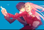  1girl black_hair blue_eyes commentary_request couple darling_in_the_franxx doromaso green_eyes highres hiro_(darling_in_the_franxx) holding_hands horns hug hug_from_behind long_hair military military_uniform necktie oni_horns orange_neckwear pink_hair uniform zero_two_(darling_in_the_franxx) 