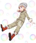  blonde_hair boots brown_pants brown_shirt dress_shirt eyebrows_visible_through_hair floating_hair full_body grey_hat iijima_yun new_game! open_mouth outstretched_arms pants pink_x red_eyes red_footwear shirt solo 
