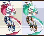  angry bandage black_nose boots claws clothed clothing duo fangs female flat_chested fluffy footwear fur green_eyes green_hair hair horn long_hair long_tail looking_at_viewer makeup pink_eyes red_hair scar teeth topless totallytits white_fur 