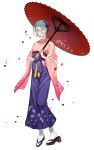  floral_print geta hair_between_eyes hair_ornament hakama highres holding holding_umbrella japanese_clothes kimono knees_together_feet_apart lips looking_at_viewer m_(aaaem) obi oriental_umbrella original petals pigeon-toed pink_kimono purple_hakama red_umbrella sash short_hair simple_background solo standing tabi umbrella white_hair wide_sleeves yellow_eyes 