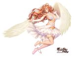  angel armpits bangs bare_shoulders barefoot breasts commentary_request detached_sleeves dress feathered_wings full_body gang_of_heaven halo large_breasts logo long_hair looking_away masami_chie official_art orange_hair parted_lips purple_eyes sidelocks simple_background thigh_strap white_background wings 