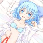  aqua_bra aqua_panties blue_bow blue_eyes blue_hair bow bra cirno collarbone collared_shirt commentary_request d: eyebrows_visible_through_hair eyelashes fang flat_chest frilled_bra frilled_panties frills hair_bow hand_on_own_stomach hand_up hips holding holding_ribbon light_blush long_sleeves looking_at_viewer lying midriff navel neko_mata on_back on_bed open_clothes open_mouth open_shirt panties pillow red_ribbon ribbon shirt short_hair sleeve_cuffs solo stomach strapless strapless_bra tareme tongue touhou underwear upper_body upper_teeth white_shirt 