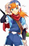  belt blue_eyes closed_mouth fingerless_gloves gloves goggles grandia grandia_i highres justin_(grandia) layered_sleeves long_hair looking_to_the_side male_focus orange_hair red_scarf ruru_kirby scarf simple_background solo 