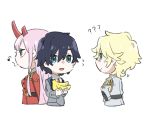  2boys banana black_hair blue_eyes commentary darling_in_the_franxx food fruit green_eyes hiro_(darling_in_the_franxx) holding holding_food holding_fruit horns leje39 long_hair looking_at_another military military_uniform multiple_boys nine_alpha oni_horns pink_hair uniform zero_two_(darling_in_the_franxx) 