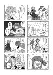  4koma apron armor bell bikini_armor bikini_top checkered checkered_kimono comic flower greyscale hair_bell hair_flower hair_ornament hieda_no_akyuu imijikumo36 japanese_clothes kimono long_sleeves magical_girl medium_hair monochrome motoori_kosuzu multiple_girls short_hair skirt touhou translated twintails two_side_up 