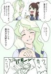  birthday blonde_hair blush brown_hair closed_eyes commentary confession diana_cavendish fainting happy_birthday holding_hands kagari_atsuko little_witch_academia mitsuko_(4afe6300) multiple_girls school_uniform smile so_moe_i'm_gonna_die! speech_bubble translated yuri 