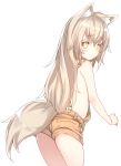  animal_ears ass bare_shoulders blonde_hair blush bright_pupils eyebrows_visible_through_hair fox_ears fox_girl fox_tail from_behind hair_between_eyes highres long_hair looking_at_viewer naked_overalls original overalls simple_background solo suspenders tail thick_eyebrows tsunekichi white_background yellow_eyes yoru_(tsunekichi) 
