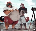  2018 4_toes abs anthro beach beard belly big_belly black_hair bracelet camera canine clothing dog duo eyewear facial_hair footwear hair jewelry male mammal muscular muscular_male navel obese open_mouth overweight overweight_male pose red_hair sandals sea seashell seaside shirt shorts standing sunglasses tattoo teeth toes tongue tripod vetrowolf water wolf 