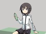  adrian_ferrer bench black_hair black_skirt bottle hayasui_(kantai_collection) jacket kantai_collection pleated_skirt silver_eyes sitting skirt solo track_jacket water_bottle 