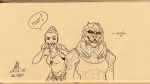  2015 alien baklagan-chan clothing dialogue facial_piercing female human jewelry lip_piercing mammal mass_effect mohawk monochrome necklace open_mouth piercing sepia sharp_teeth shirt sigh simple_background sketch tank_top teasing teeth text tongue tongue_piercing turian unamused video_games white_background 