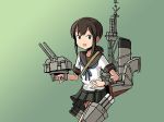  adrian_ferrer brown_eyes brown_hair commentary english_commentary fubuki_(kantai_collection) gradient gradient_background green_background kantai_collection low_ponytail machinery open_mouth pleated_skirt remodel_(kantai_collection) rigging school_uniform serafuku sidelocks skirt smile smokestack solo torpedo torpedo_tubes turret type_94_anti-aircraft_fire_detector 