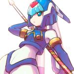  absurdres bangs bare_shoulders blue_eyes blue_panties blunt_bangs commentary_request contrapposto elbow_gloves gloves green_eyes hand_up helmet highleg highleg_panties highres holding holding_weapon leviathan_(rockman) panties parted_lips reiesu_(reis) rockman rockman_zero signature simple_background solo standing underwear weapon white_background wide_hips 