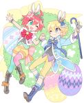  1girl ;d ahoge alpha_omega_nova aqua_eyes blue_eyes boots bright_pupils couple crown easter_egg egg full_body goggles goggles_on_head highres holding_hands looking_at_another luluco mini_crown mt.somo one_eye_closed open_mouth pants red_hair short_hair shorts smile trigger-chan trigger_(company) uchuu_patrol_luluco yellow_pants 