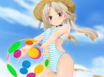  3d 3d_custom_girl ball beachball bell bell_collar blonde_hair blush collar day hat highres long_hair looking_at_viewer outdoors red_eyes sky smile solo straw_hat swimsuit taii_(tng1014) twintails 