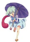  :q ;) bangs bare_legs blue_eyes blue_skirt breasts eyebrows_visible_through_hair full_body geta green_hair hair_between_eyes holding holding_umbrella long_sleeves looking_at_viewer medium_breasts one_eye_closed short_hair simple_background skirt smile solo standing standing_on_one_leg taishi_(moriverine) tatara_kogasa tongue tongue_out touhou umbrella white_background 