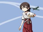  adrian_ferrer aircraft airplane brown_eyes brown_hair commentary english_commentary folded_ponytail gloves hair_between_eyes hair_tie hakama_skirt kantai_collection kasuga_maru_(kantai_collection) single_glove smile solo 