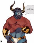  2017 anthro beard black_hair body_hair bovine bulge cattle clothing ear_piercing english_text facial_hair facial_piercing hair happy_trail horn horn_ring lip_piercing looking_at_viewer male mammal muscular muscular_male navel nose_piercing nose_ring piercing scar shirt stomach_hair text tight_clothing underwear vetrowolf 
