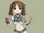  adrian_ferrer asymmetrical_clothes brown_eyes brown_hair choker cosplay fingerless_gloves gloves hair_tie japanese_clothes kantai_collection katsuragi_(kantai_collection) katsuragi_(kantai_collection)_(cosplay) midriff navel pleated_skirt ryuujou_(kantai_collection) single_glove skirt smile solo twintails upper_body 