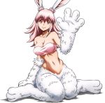  animal_ears breasts bunny_ears cleavage collarbone eyebrows_visible_through_hair highres inaba_ui killing_bites large_breasts long_hair navel official_art pink_hair red_eyes sitting smile solo transparent_background wariza watanabe_kazuo waving 