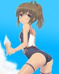  ass bangs bare_arms bare_shoulders black_swimsuit blue_sky breasts brown_eyes cloud condensation_trail day eyebrows_visible_through_hair fang food from_side highres holding holding_food i-401_(kantai_collection) ice_cream ice_cream_cone kantai_collection leaning_forward legs_apart looking_at_viewer looking_to_the_side noveske_n4 one-piece_swimsuit orange_sailor_collar ponytail ribbon sailor_collar school_swimsuit shiny shiny_hair shirt short_hair sidelocks sky sleeveless sleeveless_shirt small_breasts solo standing swimsuit tareme thigh_strap white_ribbon white_shirt 