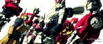  6+boys 80s arcee autobot bumblebee commentary glowing glowing_eyes headgear ironhide liguangze looking_at_viewer multiple_boys no_humans oldschool optimus_prime prowl rodimus sideswipe simple_background smile standing transformers white_background yellow_eyes 
