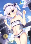  agung_syaeful_anwar azur_lane bandeau bangs bare_arms bare_shoulders belchan_(azur_lane) belfast_(azur_lane) bikini blue_bikini_bottom blue_ribbon blue_sky blush braid bubble closed_mouth cloud collarbone commentary day dutch_angle english_commentary eyebrows_visible_through_hair frilled_bikini frills groin hair_between_eyes hair_ribbon hands_up long_hair looking_at_viewer machinery maid_bikini maid_headdress mountain navel one_side_up outdoors purple_eyes purple_hair ribbon shiny shiny_skin sidelocks sky solo strapless strapless_bikini swimsuit water white_bikini_top younger 