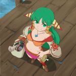  anime_coloring aqua_eyes aqua_hair bag book brown_footwear closed_mouth crop_top feena_(grandia) from_above full_body grandia grandia_i green_eyes green_hair hair_tubes hand_on_hip jewelry long_hair looking_up midriff miniskirt navel paper pendant pink_skirt scroll skirt smile solo squid_neetommy standing wide_sleeves 