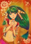  dark_green_hair faux_traditional_media feena_(grandia) frame grandia grandia_i green_eyes green_hair hair_ornament hair_tubes highres holding_necklace jewelry lio_(lune24) long_hair low-tied_long_hair midriff multicolored multicolored_background navel necklace orange_background parted_lips pendant solo wide_sleeves 