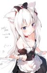  absurdres animal_ears apron azur_lane bangs bare_shoulders black_bow black_dress blue_eyes blush bow breasts cat_ears collarbone dated dress eyebrows_visible_through_hair hair_bow hair_ribbon hammann_(azur_lane) highres long_hair looking_away one_side_up puffy_short_sleeves puffy_sleeves red_ribbon remodel_(azur_lane) ribbon shirt_grab short_sleeves simple_background sketch small_breasts solo translation_request umibouzu_(niito) very_long_hair waist_apron white_apron white_background white_hair wrist_cuffs 