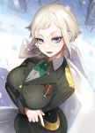  bad_id bad_pixiv_id bangs blue_eyes breasts bursting_breasts buttons cape collared_shirt commentary crossed_arms dress_shirt from_above green_jacket green_neckwear grey_hair highres jacket large_breasts long_sleeves looking_at_viewer marchen_madchen maria_rasputin military military_uniform ohisashiburi open_mouth outdoors shirt short_hair sidelocks snow snowing solo tree tsurime uniform white_cape white_shirt wing_collar 
