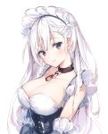  absurdres azur_lane bangs belfast_(azur_lane) blush braid breasts cleavage closed_mouth eyebrows_visible_through_hair frills hair_between_eyes highres large_breasts long_hair looking_at_viewer maid maid_headdress purple_eyes revision silver_hair simple_background smile solo tsurime umibouzu_(niito) upper_body white_background white_hair 