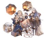  animal bangs belt blonde_hair boots bow breasts brown_eyes brown_footwear camieux chair cleavage collarbone cucouroux_(granblue_fantasy) dalmatian dog draph dress eyebrows_visible_through_hair full_body granblue_fantasy gun hair_bow holding horns long_sleeves medium_breasts midriff minaba_hideo mouth_hold multiple_girls official_art one_eye_closed open_mouth rifle screwdriver short_dress siblings sidelocks silva_(granblue_fantasy) sisters sitting smile table transparent_background twintails weapon wooden_box 