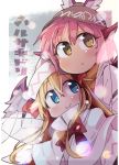  animal_ears blonde_hair blue_eyes bow brown_eyes brown_hat capelet commentary fairy_wings hair_between_eyes hat hat_bow ini_(inunabe00) juliet_sleeves lily_white long_hair long_sleeves looking_to_the_side looking_up multiple_girls mystia_lorelei pink_hair puffy_sleeves red_neckwear scarf short_hair smile touhou tree white_hat winged_hat wings yellow_scarf 